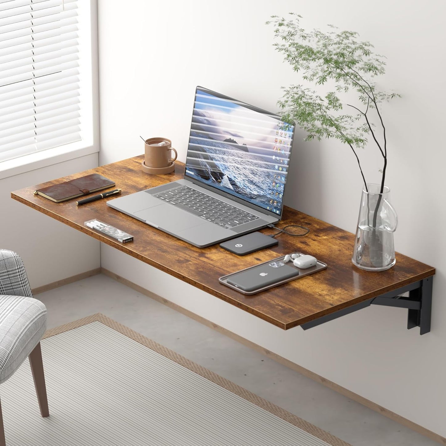 Need Wall Mounted Desk - Heavy Duty Folding Work Table Length 36" Width 20"/Small Space Hanging Desk Perfect Addition to Home/Office/Kitchen & Dining Room Rustic Brown AC15-9050FG-ND