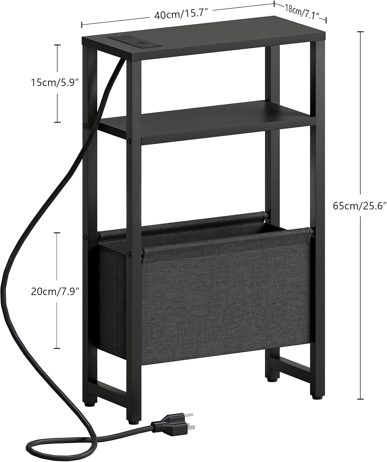 Narrow Side Table with Charging Station, Slim End Table with Magazine Rack, Bedside Table for Small Spaces, 3 Tier Sofa Couch Table Nightstand for Living Room, Bedroom, Black LET503BE