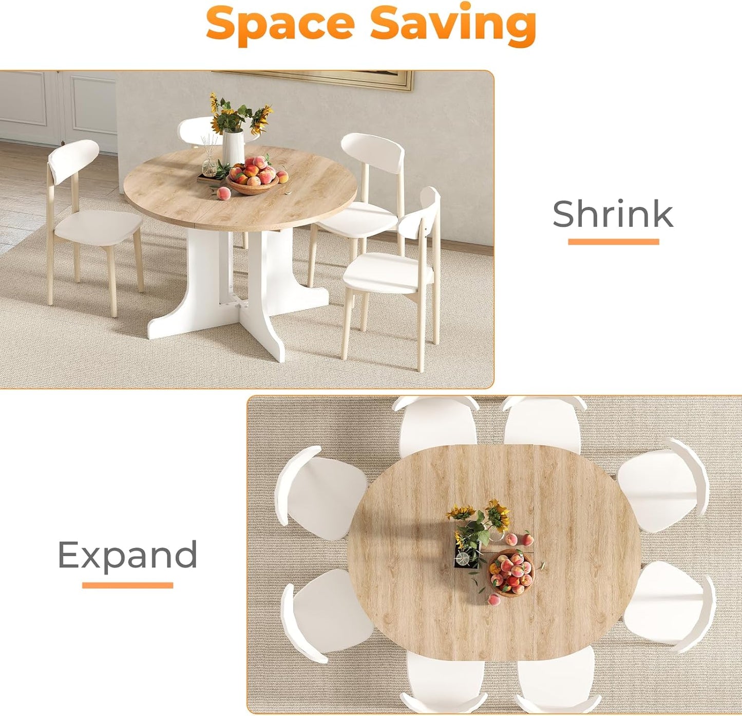 43"-59" Expandable Round Dining Table, Extendable Dining Room Table for 4-6, Oval Tabletop with Removable Leaf, Trestle X-Shaped Base & Metal Track for Dining Room, Living Room-Oak