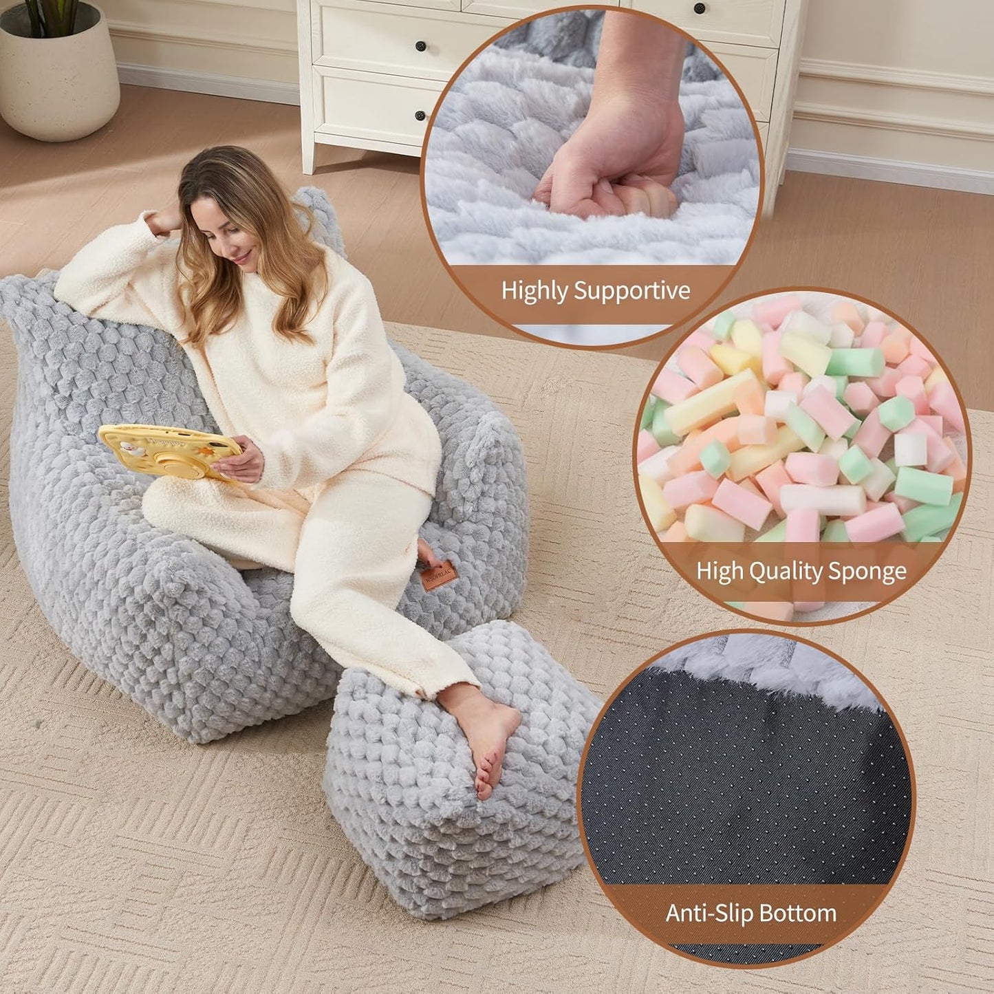 Big Bean Bag Chairs for Adults Cozy Giant Bean Bag Sofa Chair, Gaming Bean Bag Chairs with Foot Rest, Lounge Comfy Chair Indoor for Bedroom, Living Room