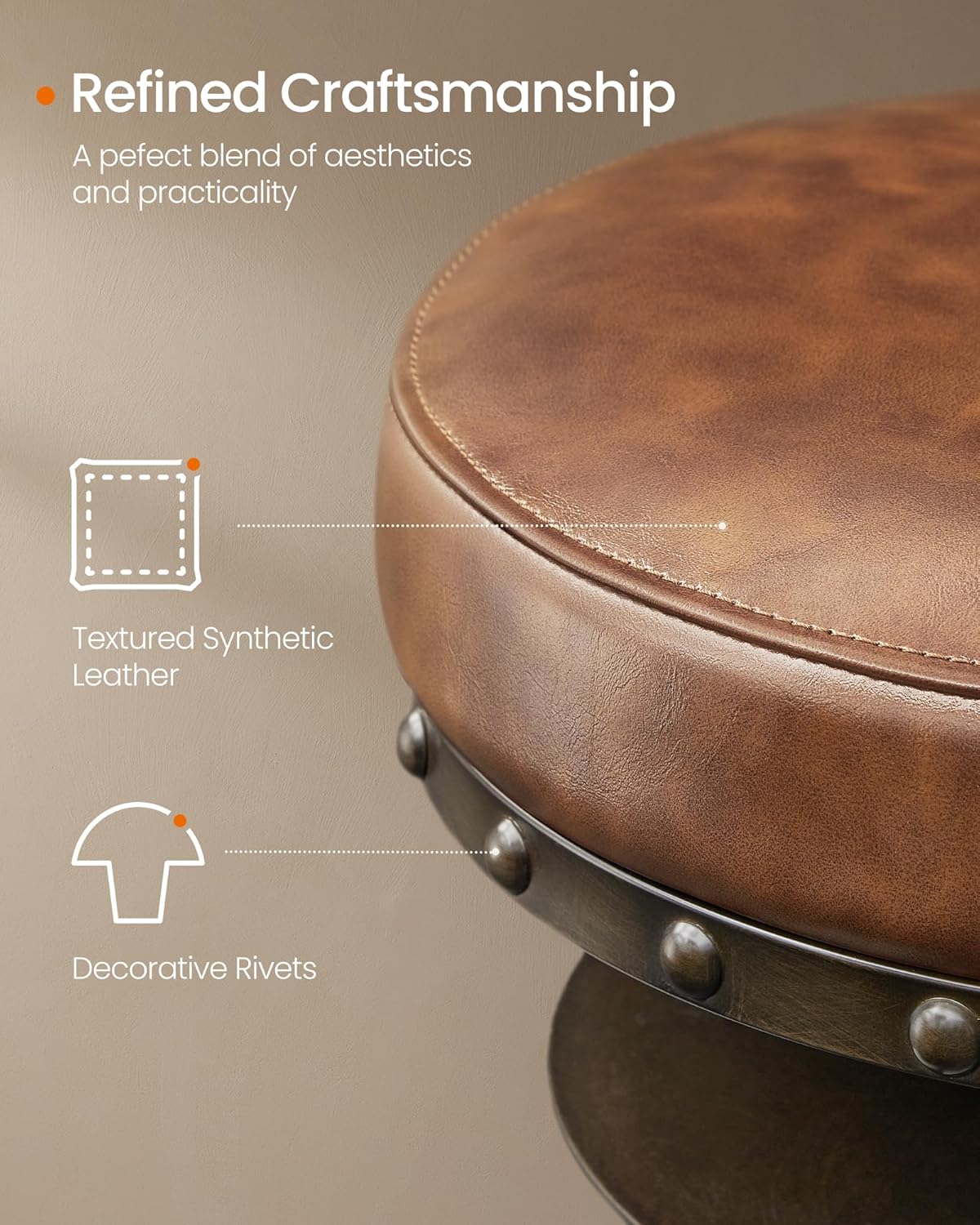 SONGMICS HOME Bar Stools, Set of 2, Steampunk Counter Stool for Kitchen, Adjustable Height and Swivel Padded Seat, Workbench Stool, 16.5 x 19.3 x 24.6-29.3 Inches, Caramel Brown ULJB096K01