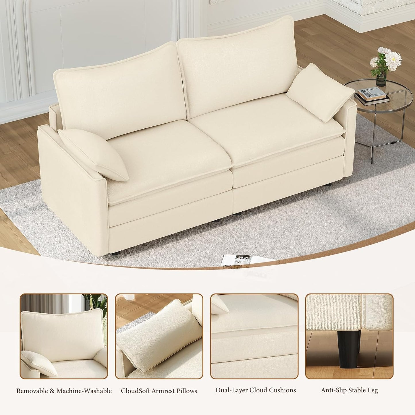 Vesgantti 74" Loveseat Sofa for Living Room, Comfy Cloud Couch Deep Seat Chenille Modern 2 Seater Small Sofa with Armrest Pillow, Easy Assembly for Small Spaces, Beige