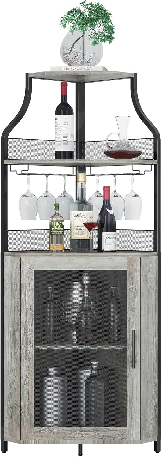 GarveeHome Corner Wine Cabinet with Detachable Wine Rack, 5-Tier Industrial Corner Bar Cabinet with Barn Door and Glass Holder, Farmhouse Buffet Cabinet and Home Bar, Grey