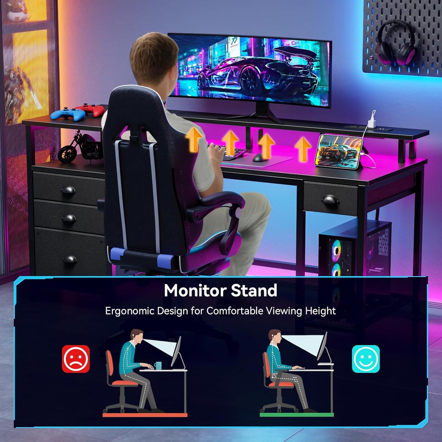 Furologee 60" Black Computer Desk with 4 Drawers and Printer Space, Gaming Desk with LED Lights and USB Power Outlets, Home Office Desk with Fabric File Cabinet,Study Work Table with Shelf for Bedroom