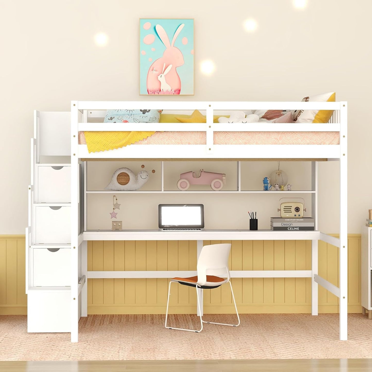HomSof Full Size Loft Bed with Built-in Desk, Bookshelves and Storage Staircase,White