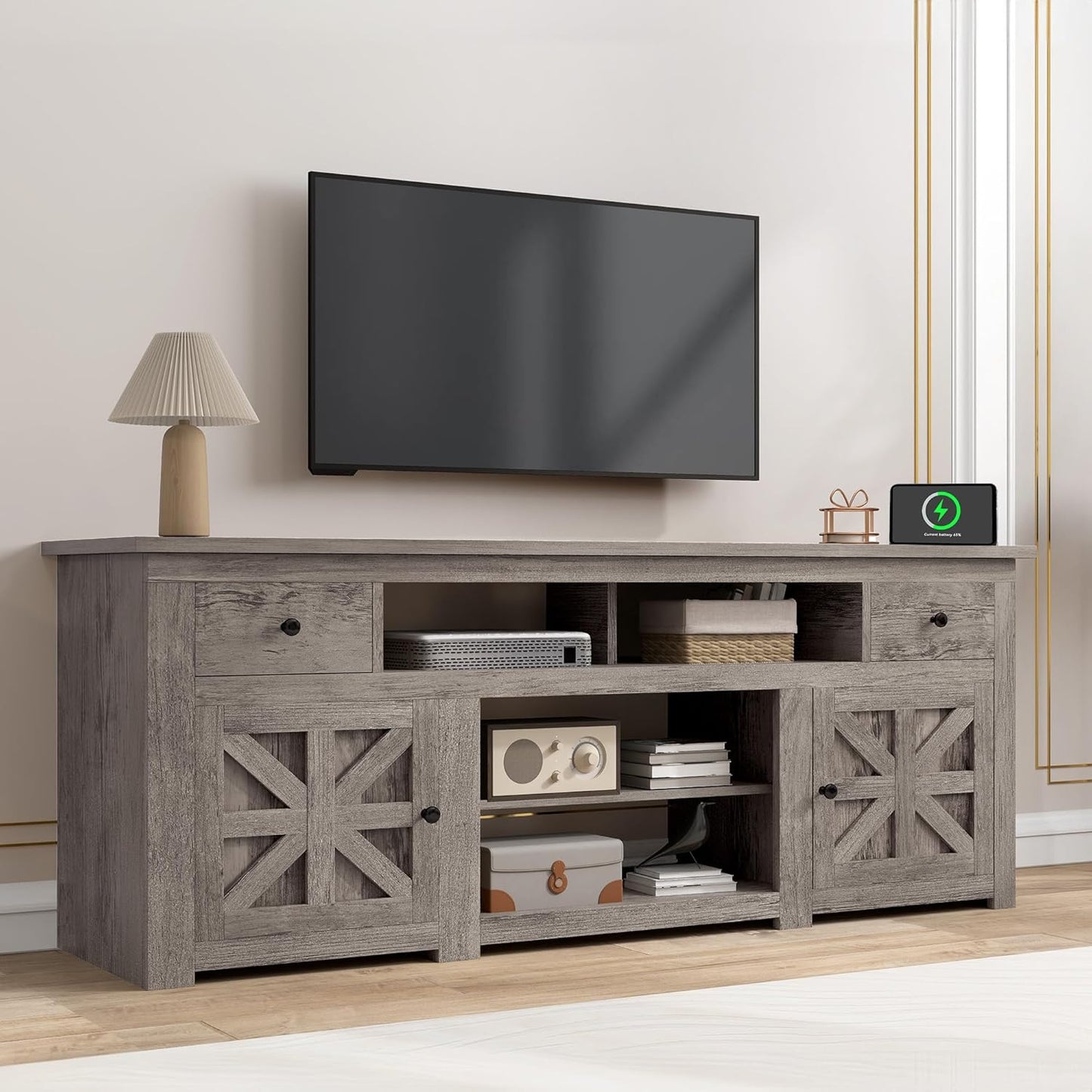 DWVO Farmhouse TV Stand for 75/80 Inches TVs, Entertainment Centers Furniture 30" Tall, TV Consoles with Storage Drawers & Power Outlet, Rustic TV Stands for Living Room, Washed Grey