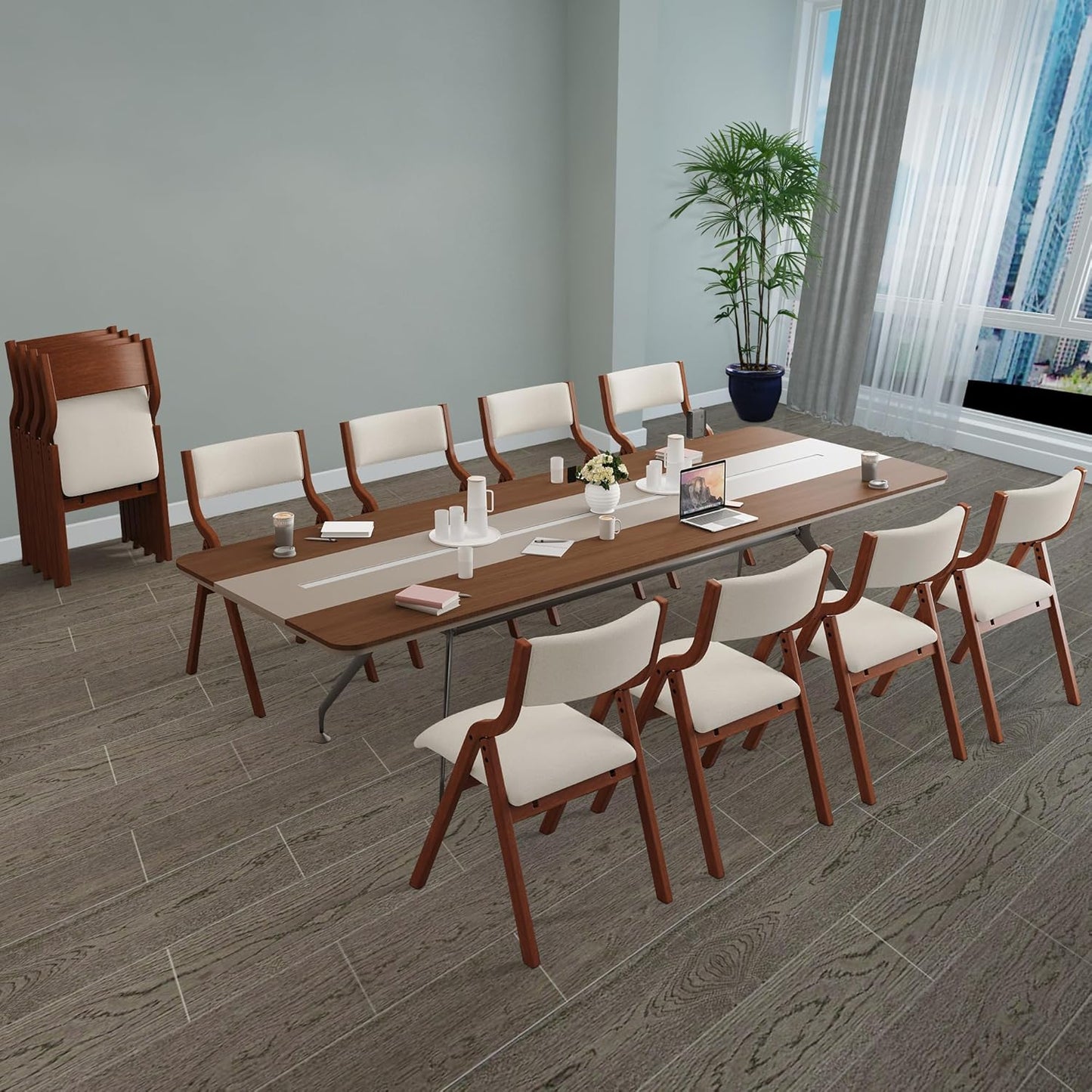 Folding Dining Chairs Set of 2, Upholstered Kitchen Chair with Padded Seat & Backrest, Modern Side-Chair with Wood Legs for Home Office Living Room,No Assembly Needed,Cream White+Cherry