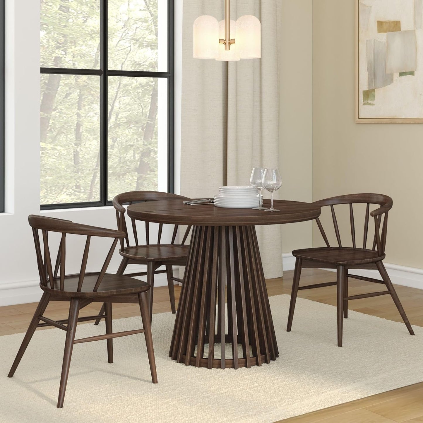 Plank+Beam Lido Round Dining Table, 38", Wooden, Pedestal, Minimalist Kitchen Table for 4 for Dining Room, Walnut