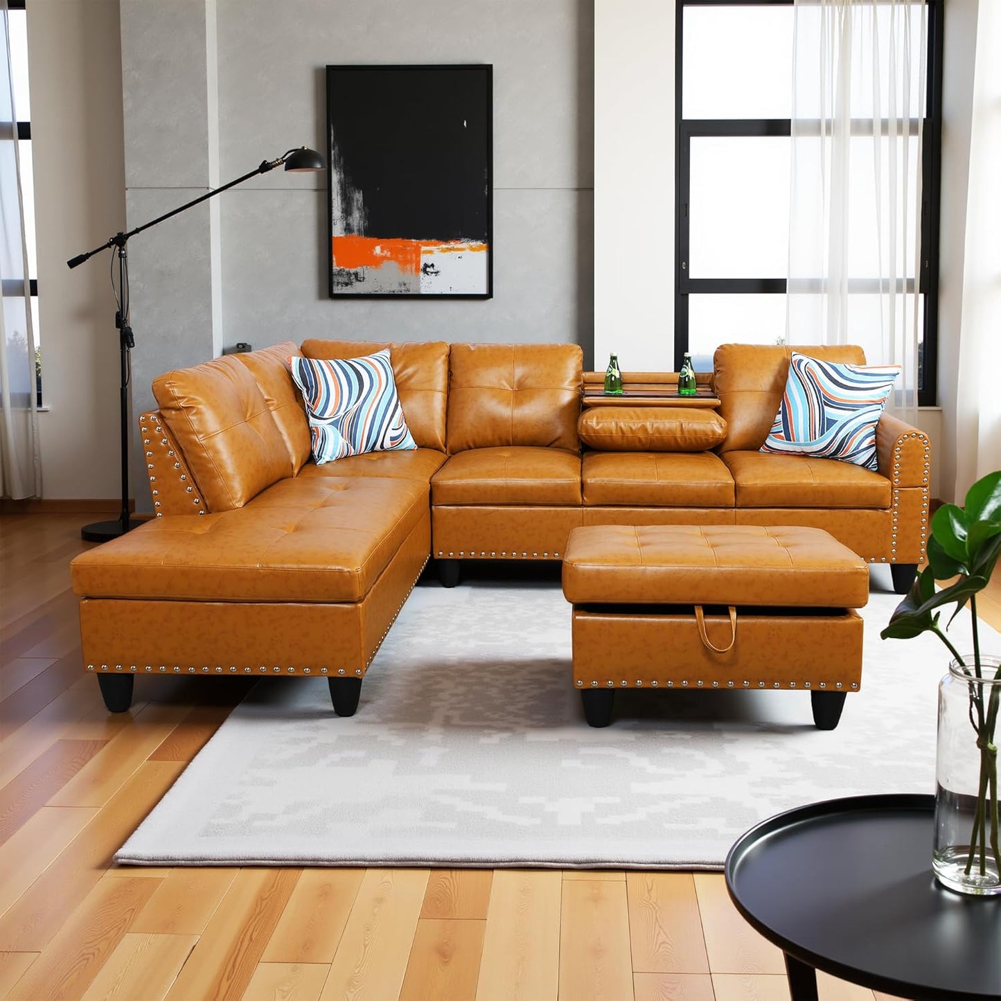 L Shaped Couch PU Leather Sectional Couch Upholstered 3 Pieces Sofas for Living Room with Chaise, Storage Ottoman for Office and Small Apartment, Ginger