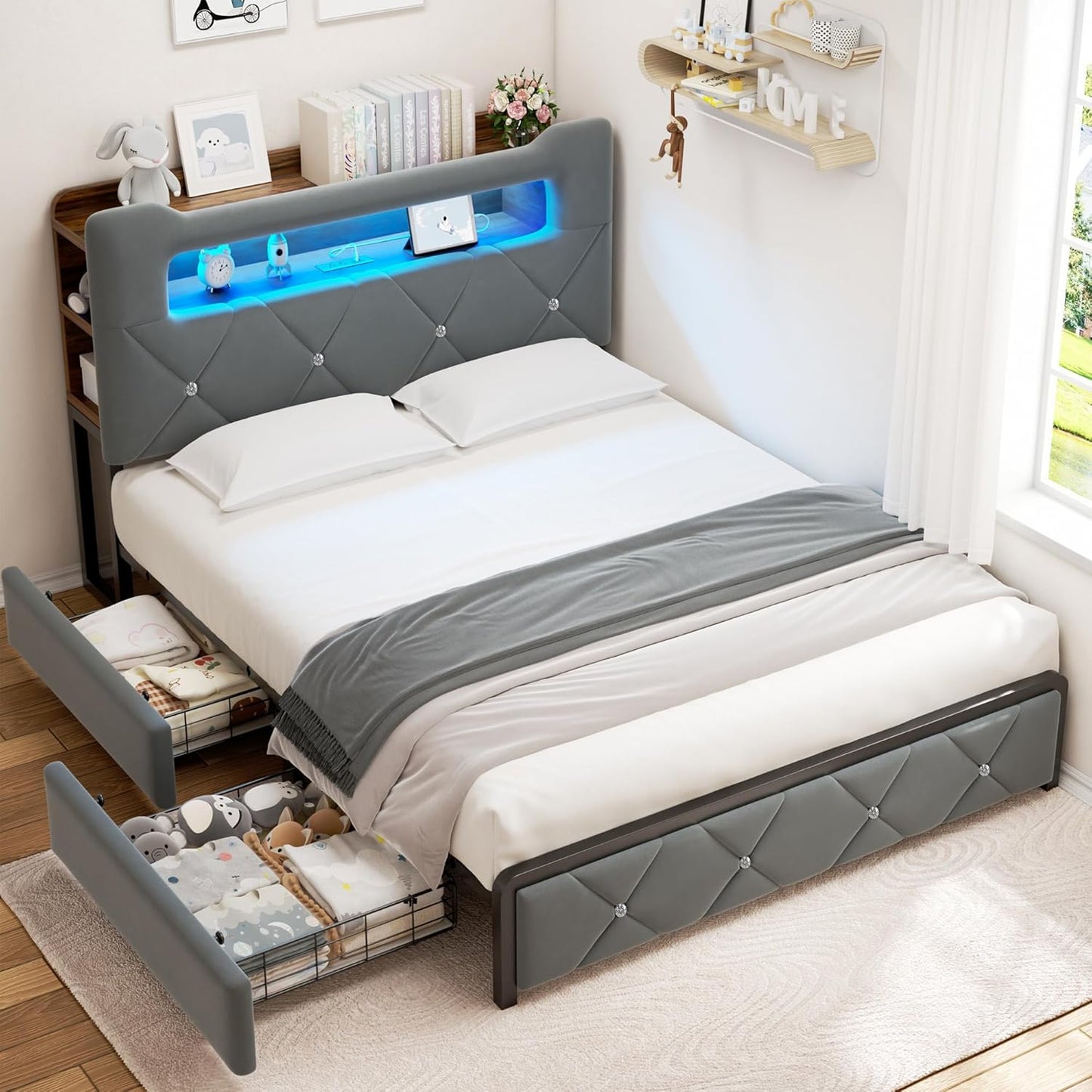 Queen Upholstered LED Bed Frame with 2 Storage Drawers and 2-Tier Storage Headboard, Velvet Platform Bed with Charging Station & Bookcase, Corner Bed Frame, Heavy Duty Metal Support, Grey