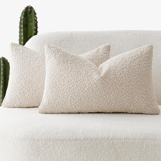 Foindtower Pack of 2 Textured Boucle Throw Pillow Covers Accent Solid Lumbar Pillow Cases Cozy Soft Decorative Couch Cushion Case for Chair Sofa Bedroom Living Room Home Decor, 12 x 20 Inch,Beige
