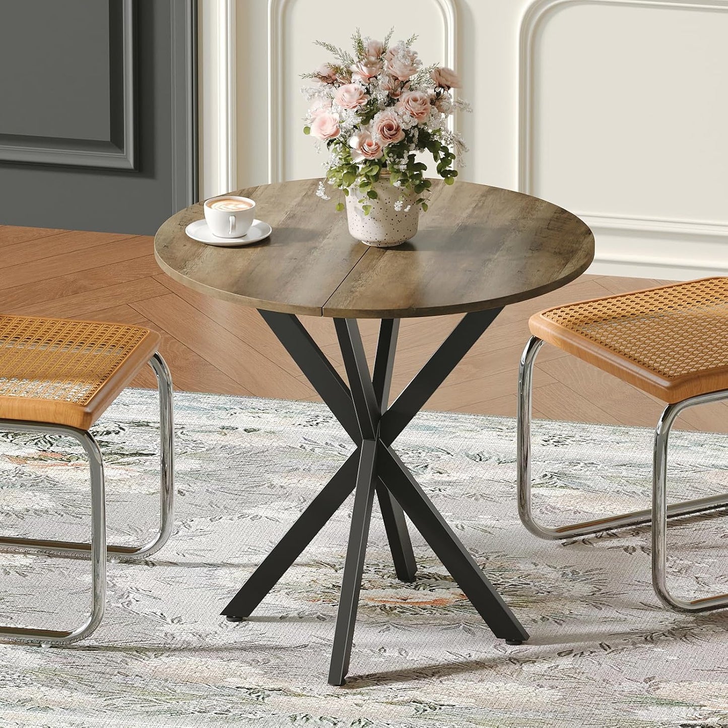 Unovivy 31.5" Small Round Dining Table for 2-4, Space Saving Circle Kitchen Dinner Table, Industrial Mid Century Modern Dining Room Desk for Kitchen, Apartment, Natural Oak