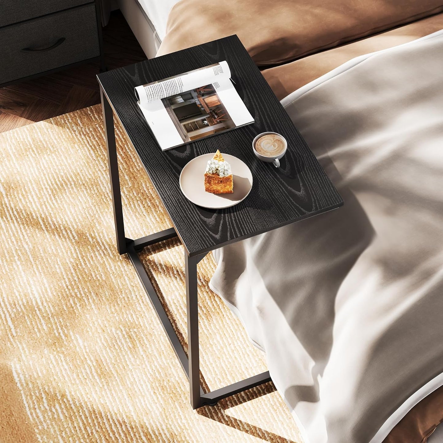 WLIVE Black C-Shaped End Table, Small Side Tables for Sofa, Wide Couch Table That Slide Under, Laptop Snack Table for Living Room, Bedroom, Home Office, Black