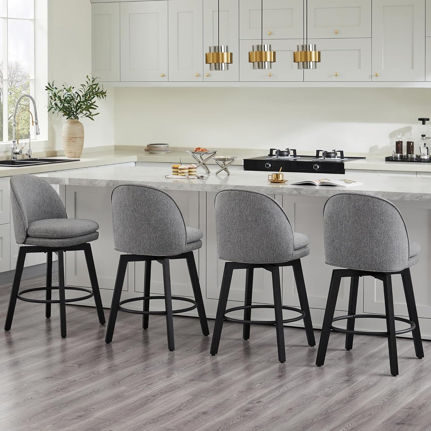 Counter Height Barstools 26 inch Upholstered Swivel Bar Stools with Back and Wood Legs for Kitchen Island,Set of 3,Dark Grey Fabric-Armless