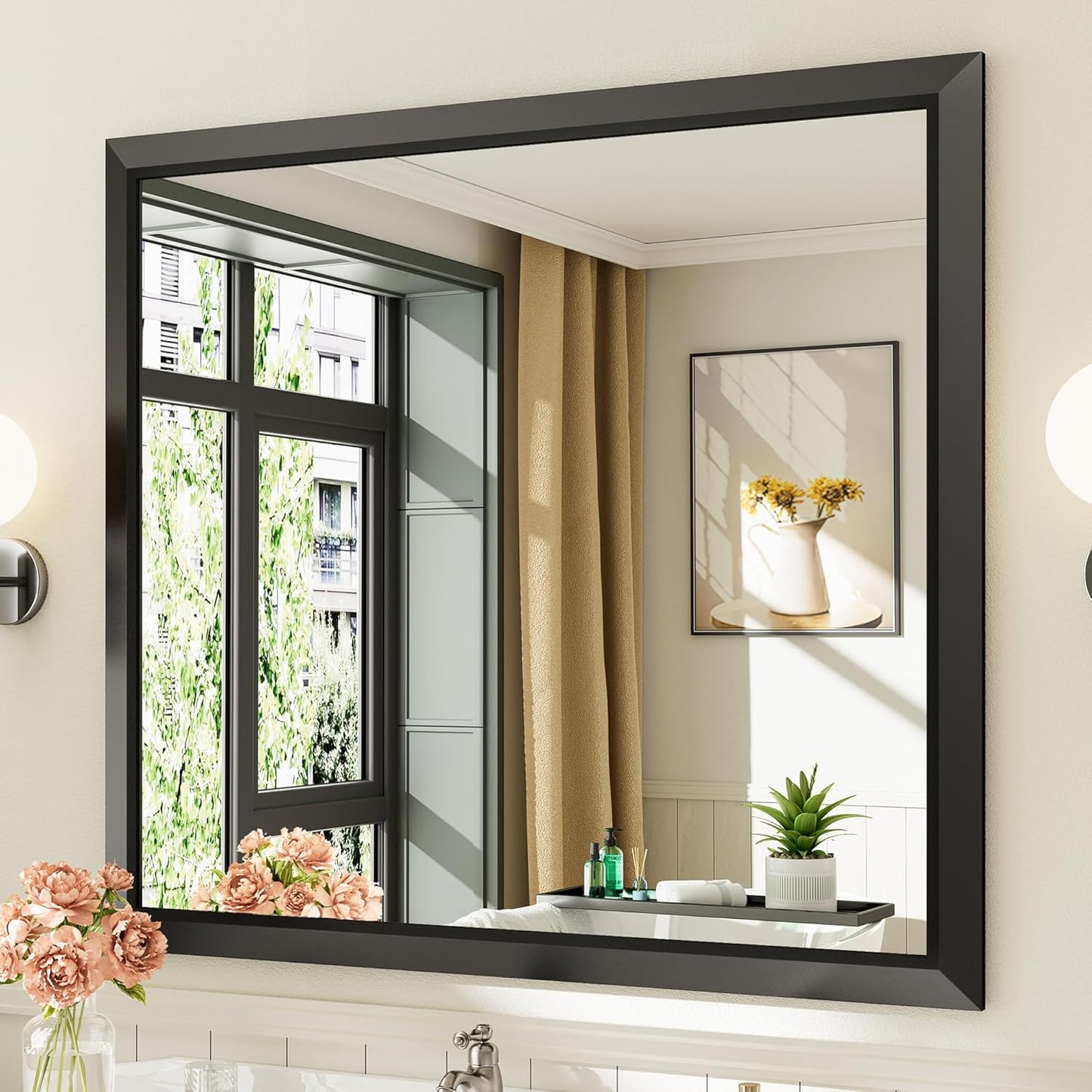 40x36 Inch Black Bathroom Mirror for Wall, Thick Metal Framed Rectangle Mirrors for Over Sink, Bedroom, Living Room, Entryway, Anti-Rust, HD Tempered Glass