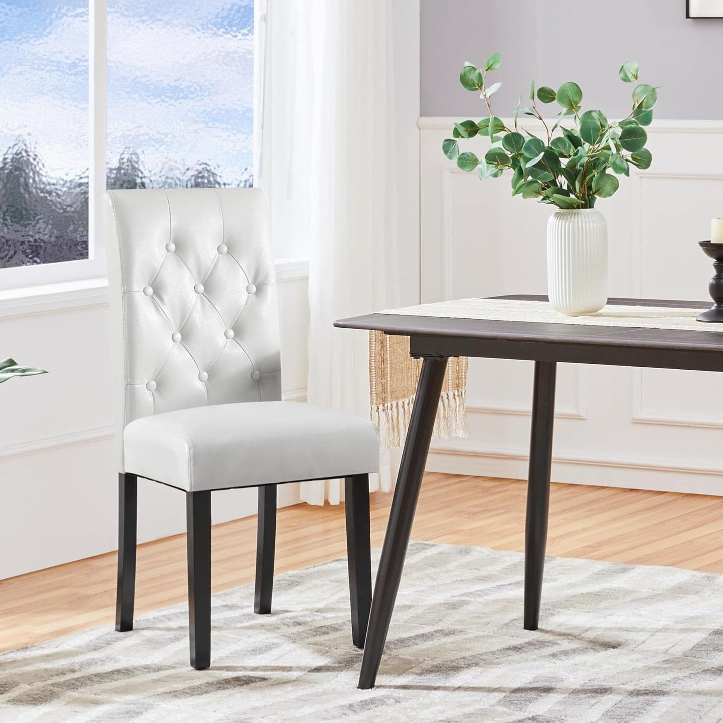 Yaheetech Dining Chairs Set of 2 Modern Style Faux Leather Dining Room Chairs with Solid Wood Legs and Button Tufted Padded for Home Kitchen and Restaurant, White