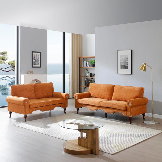 2 Piece Sectional Sofa Set, 2+3 Seat Convertible Couch with Movable Pillows, Upholstered Couches for Living Room, Orange