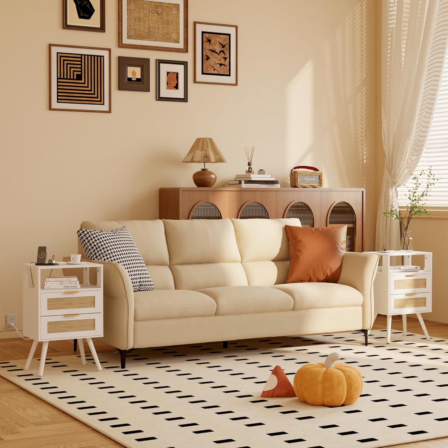 Rattan Nightstand with Charging Station,Farmhouse Bedside Table with 2 Storage Drawer and Open Wood Shelf, for Bedroom and Small Spaces,Night Stand with Solid Wood Legs (White-Outlet)