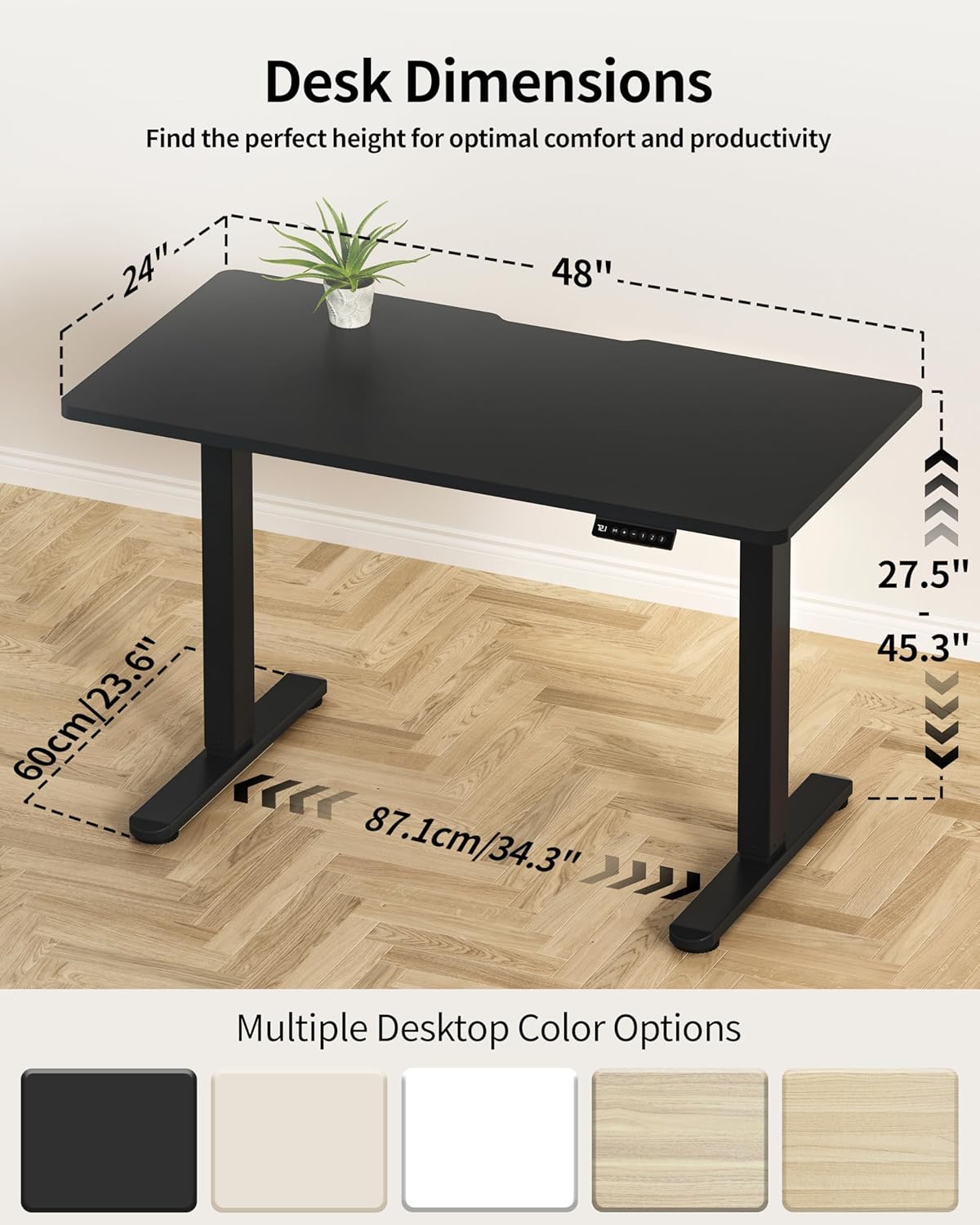 Okin Standing Desk Electric Adjustable Computer Whole Piece Stand up Desk Office Gaming Home Office Memory Desks 48x24 inches Black