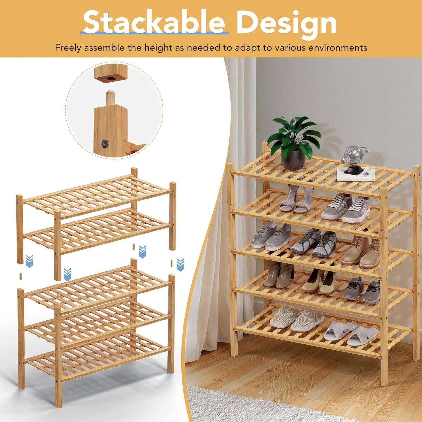 Haddockway 2 Tier Bamboo Shoe Rack Storage Organizer, Multifunctional Free Standing Stackable Shoe Shelf with Grid Panel for Closet,Hallway,Entryway,Small Space 27"x11"x13" (Natural, 2 Tier)
