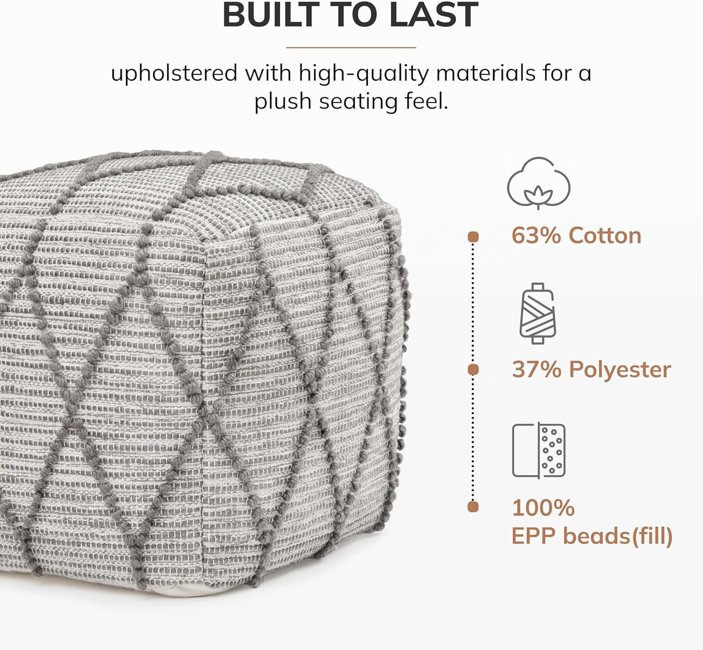 Anji Mountain 100% Handmade & Handcrafted Comfortable Home Décor Pouf Ottoman Footrest for Living Room, Bedroom, Nursery, Kidsroom, Patio Furniture - (19" x 19" x 17"- Warm Gray)