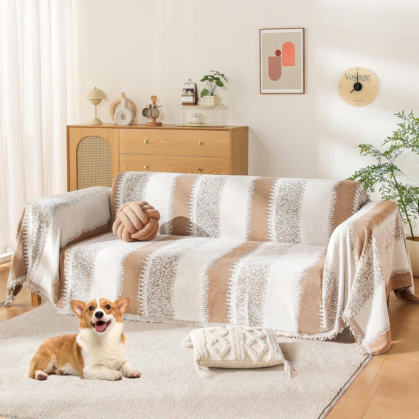 Boho Sofa Cover, Couch Covers for 3 Cushion Couch Sofa Pet Friendly, Sofa Cover Washable, Soft Chenille Living Room Couch Covers Slipcover, Pet Furniture Protecto(1# Khaki, 71" x 134")