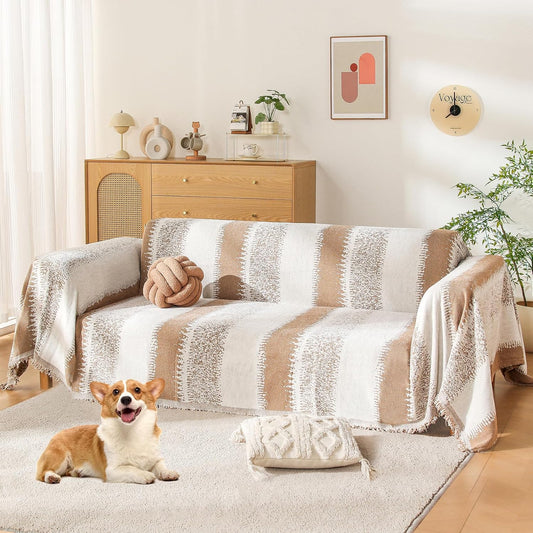 Boho Sofa Cover, Couch Covers for 3 Cushion Couch Sofa Pet Friendly, Sofa Cover Washable, Soft Chenille Living Room Couch Covers Slipcover, Pet Furniture Protecto (1# Khaki, 71" x 150")