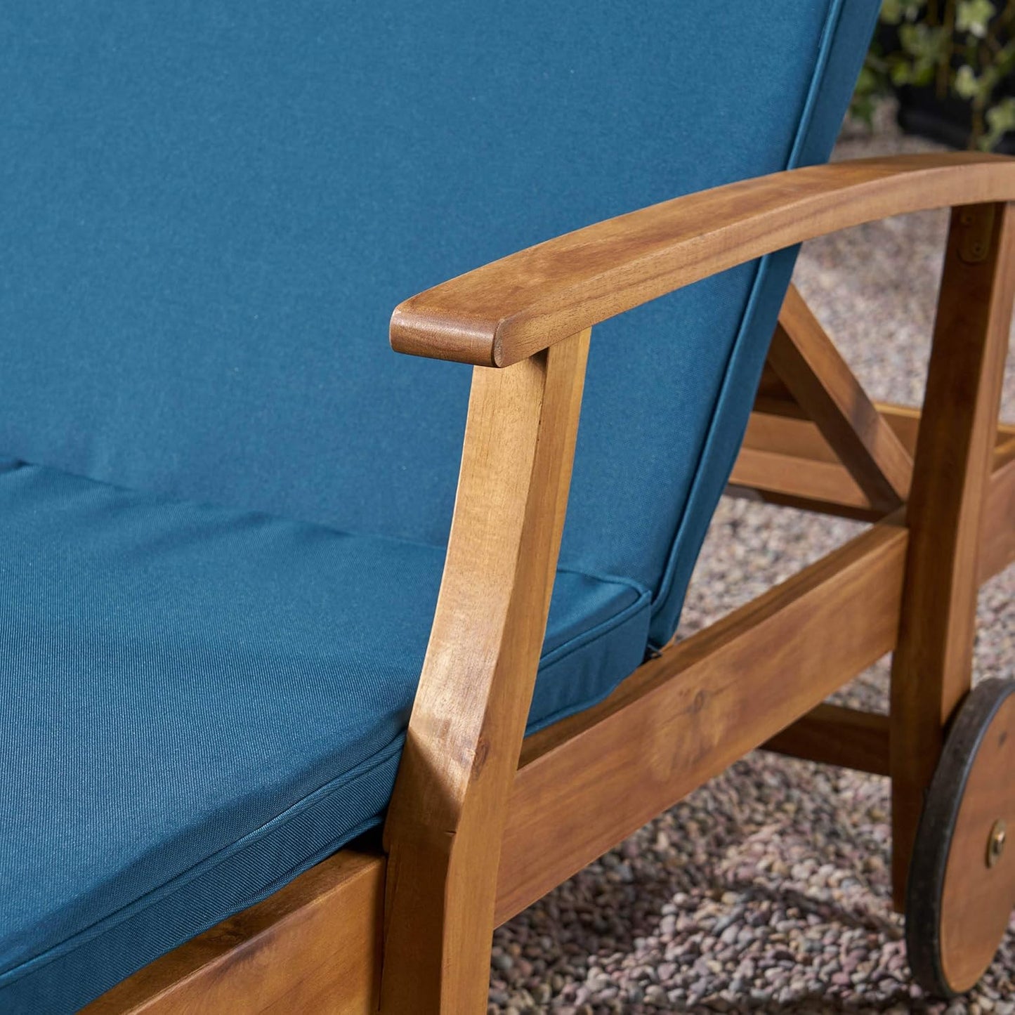 Christopher Knight Home Samantha Double Chaise Lounge for Yard and Patio, Acacia Wood Frame, Teak Finish with Blue Cushions