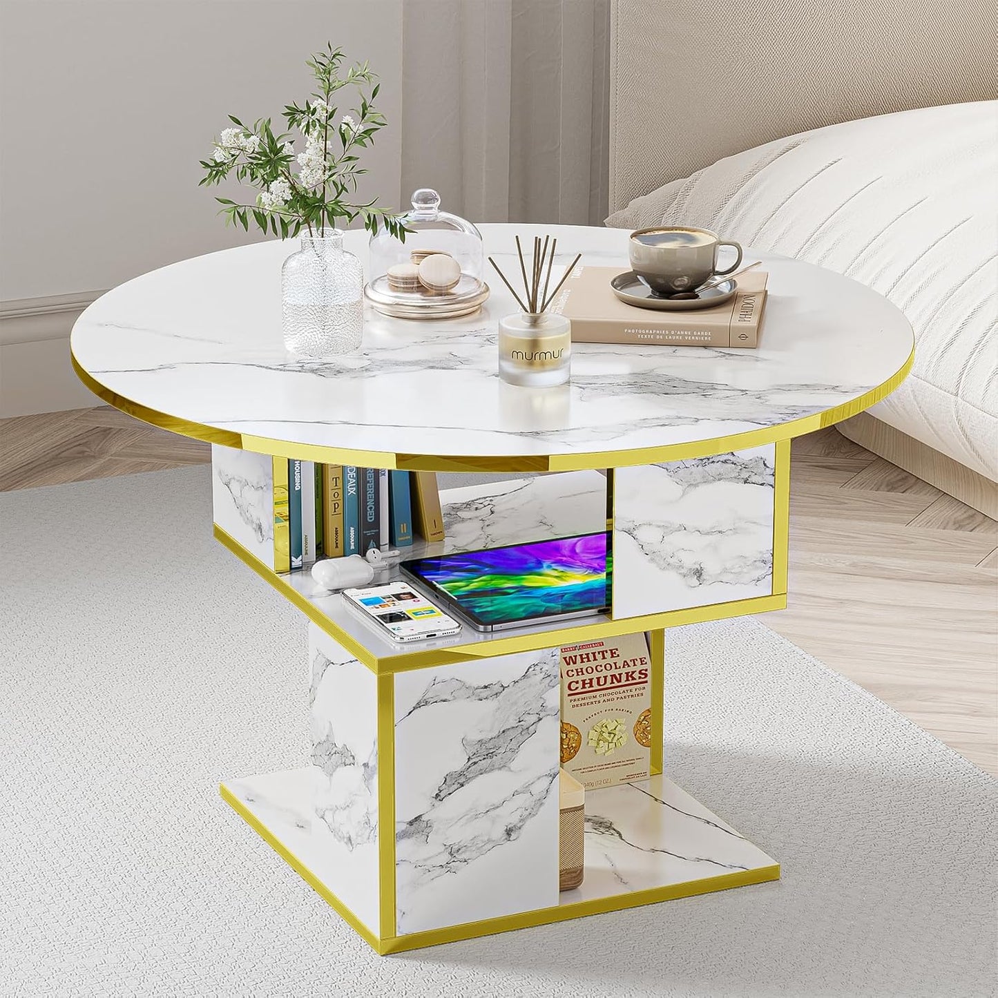 Elephance Round Coffee Table with Storage,3-Tier Coffee Table for Living Room,Wooden Tabletop-Marble White with Gold Frame