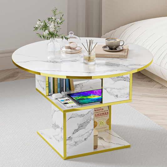 Elephance Round Coffee Table with Storage,3-Tier Coffee Table for Living Room,Wooden Tabletop-Marble White with Gold Frame
