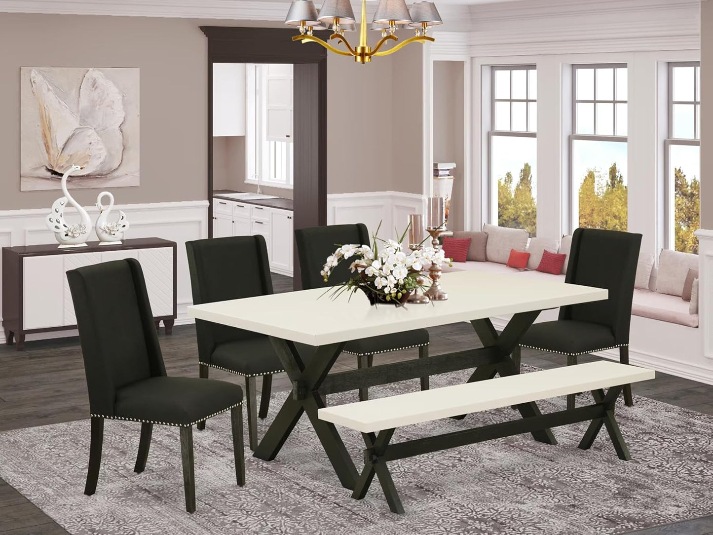 East West Furniture X627FL624-6 6 Piece Dining Room Set Contains a Rectangle Dining Table with X-Legs and 4 Black Linen Fabric Parson Chairs with a Bench, 40x72 Inch, Multi-Color