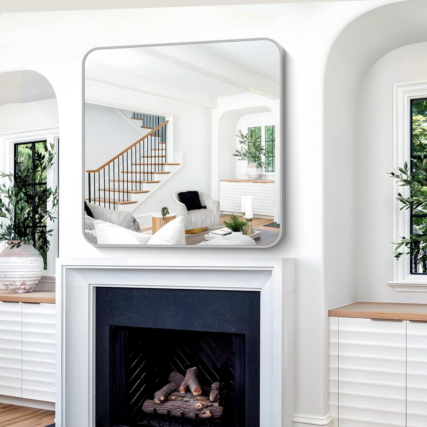 Silver Bathroom Mirror, 42 x 42 Inch Silver Square Mirror, Metal Framed Rectangular Vanity Mirror, Rounded Corner Wall Mounted Mirror for Living Room Bedroom Entryway Hangs Horizontal/Vertical