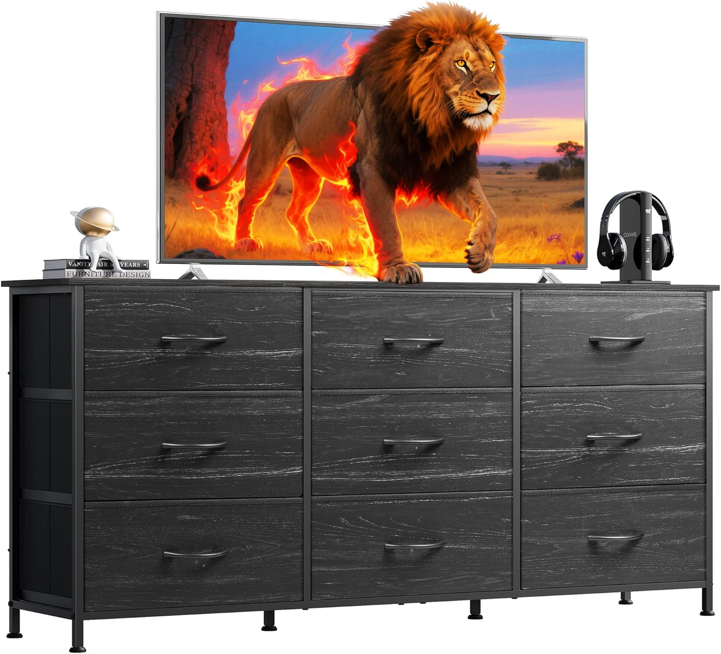 WLIVE 54''W Dresser for Bedroom, Black Dresser TV Stand for 55, 60, 65 inch TV, Wide Chest of Drawers with 9 Drawer, Large Entertainment Center, Fabric Dressers with Wood Top for Closet, Living Room