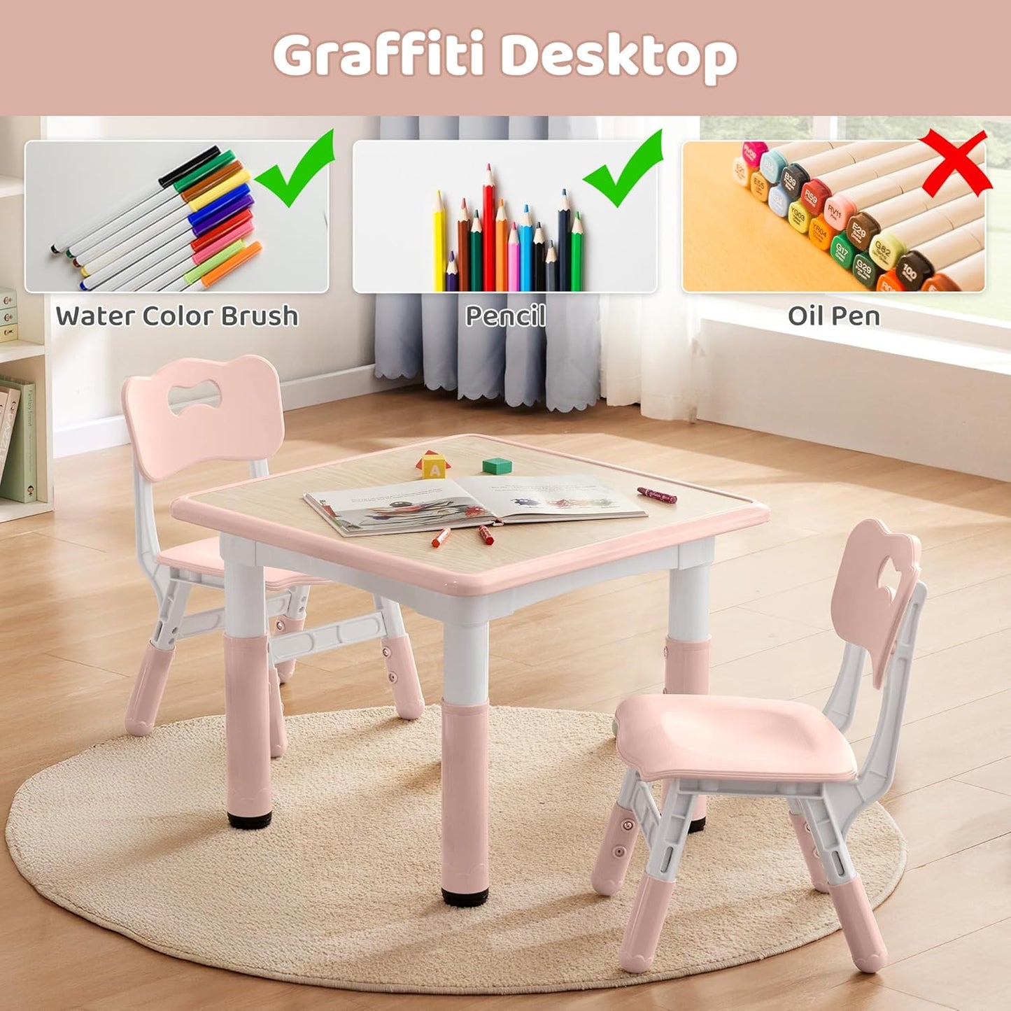 Kids Table & Chairs Set (2 Chairs) Height Adjustable for Ages 2-8 | Non-Slip Toddler Activity Table with Wipe-Clean Desktop, Montessori Learning & Art Drawing Table for Home Preschool