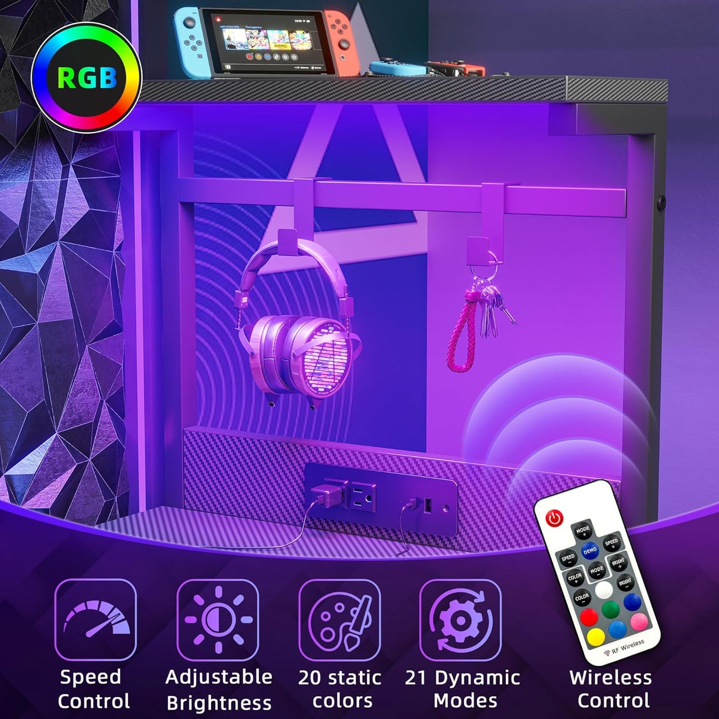 TIQLAB Gaming Desk 55 inch with Power Outlet and LED Light, Computer Desk with Reversible Shelves and Storage Drawer, Small PC Desk for Home Office Table with Bag, Carbon Fiber Black