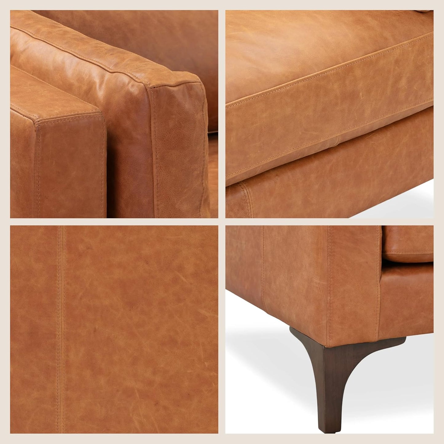 Poly & Bark Argan Leather Couch - 93 Inch Sofa - Full-Grain Leather Sofa for Living Room with Feather Down Topper - Living Room Couch - Pure Aniline Vintage Italian Leather in Cognac Tan