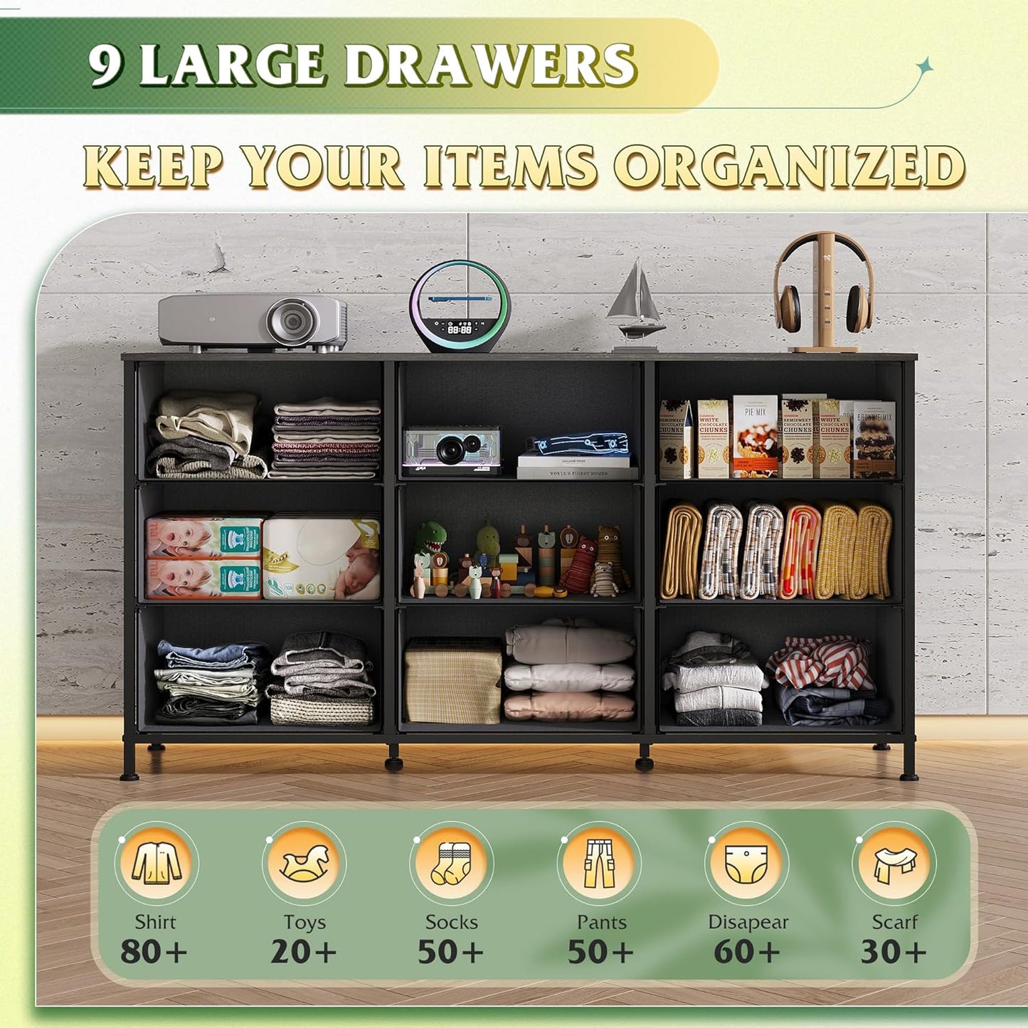 WLIVE 47''W Dresser for Bedroom, Black Dresser TV Stand for 45, 50, 55 inch TV, Wide Chest of Drawers with 9 Drawer, Large Entertainment Center, Fabric Dressers with Wood Top for Closet, Living Room