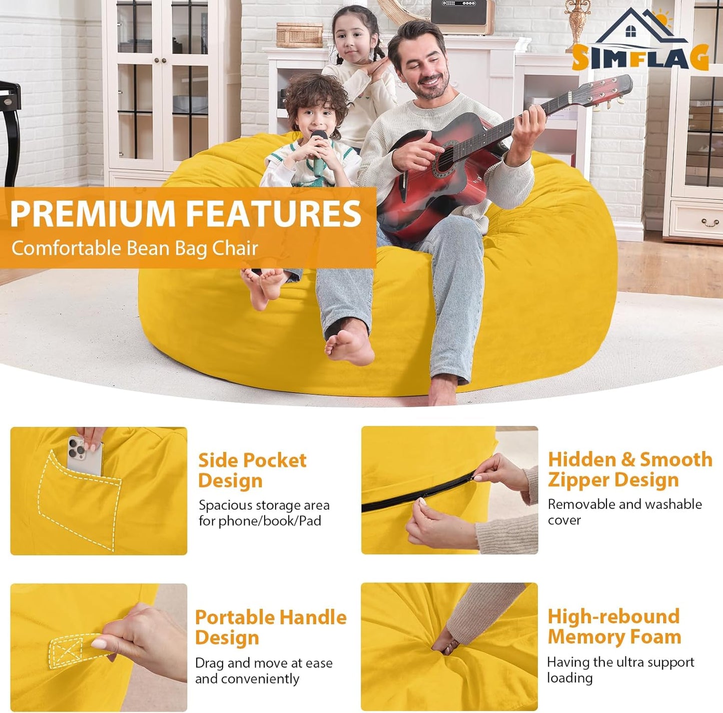 4FT Bean Bag Chair, Large Bean Bag Chairs with Memory Foam Filled, Fluffy Beanbag Sofa with Dutch Velvet Cover, Round BeanBag Chairs for Living Room, Playroom - Lemon