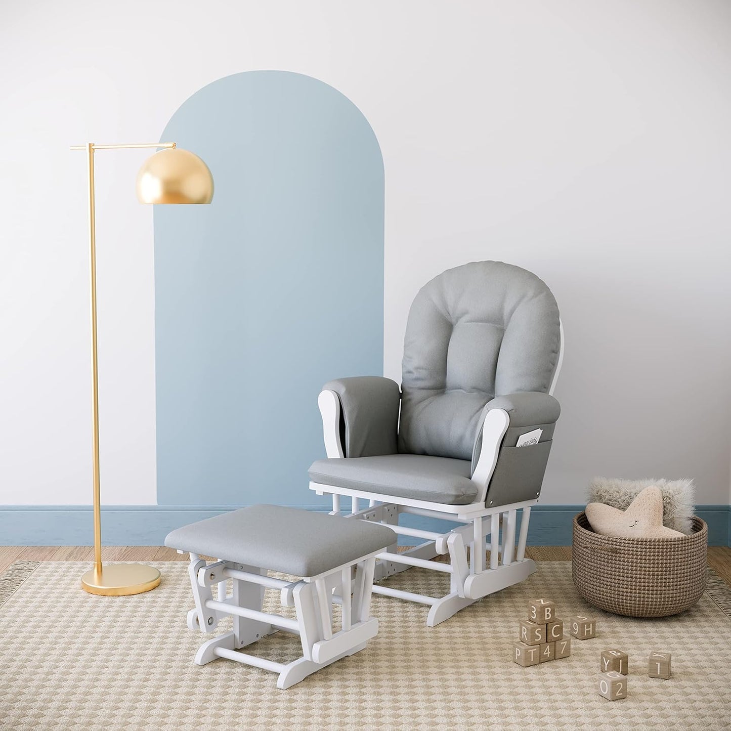 Storkcraft Premium Hoop Glider & Ottoman (White/Light Gray) — GREENGUARD Gold Certified Nursery Glider, Solid Wood Craftsmanship, Smooth-Gliding Nursery Chair and Ottoman, Award-Winning