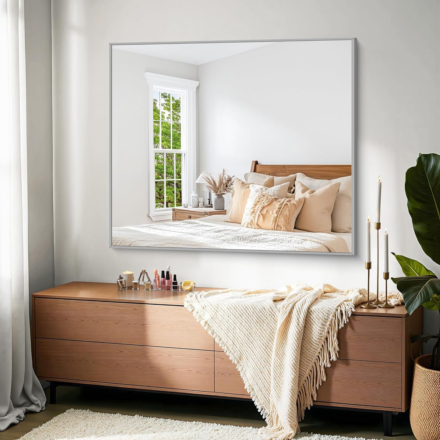 KOCUUY Silver Bathroom Mirror, 40"x48" Large Rectangular Mirror with Metal Frame, Brushed Nickel Vanity Mirror with Modern Design for Bathroom, Living Room, Entryway, Hang Horizontal/Vertical