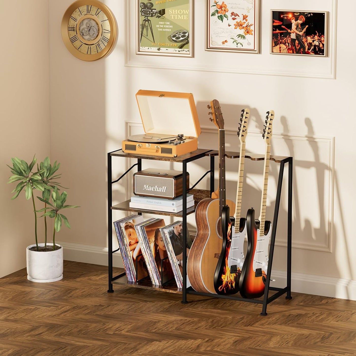 Hosfais 3 Tier Record Player Stand, Guitar Stand for Acoustic, Electric Guitar, Bass Stand, Vinyl Record Storage Up to 200 Albums for Living Room Bedroom, Rustic Brown