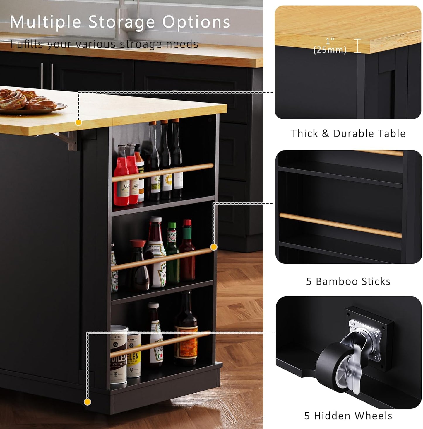 53" Large Kitchen Island with Drop Leaf,Power Outlet & Door Internal Storage Rack,Rolling Kitchen Cart on 5 Wheels W/ 5 Open Side Racks for Kitchen,Dining Room,Black(Not Include bar stools)