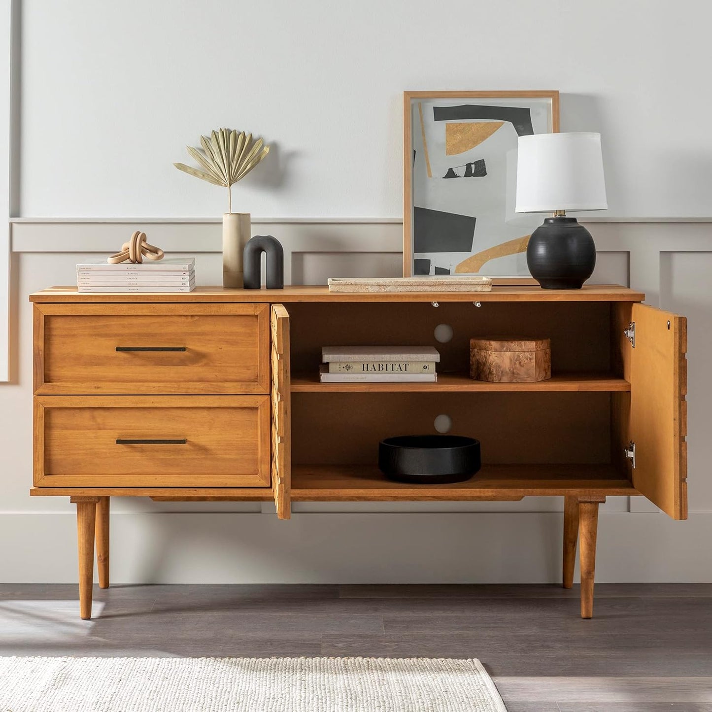 Walker Edison Deluca Boho Solid Wood 2 Door Sideboard with Prism Detail, 58 Inch, Caramel