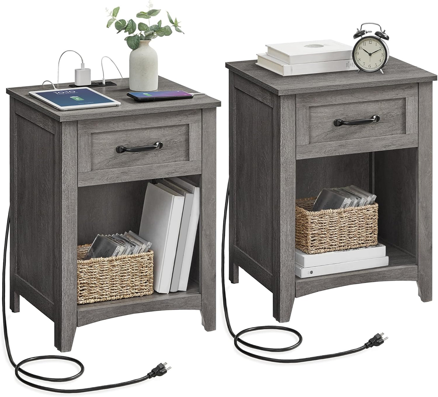VASAGLE LIRY Collection - Farmhouse Nightstands with Charging Station, Set of 2 Bedside Tables, Side Tables with Drawer, Open Compartment, for Bedroom, Misty Gray ULET859G01