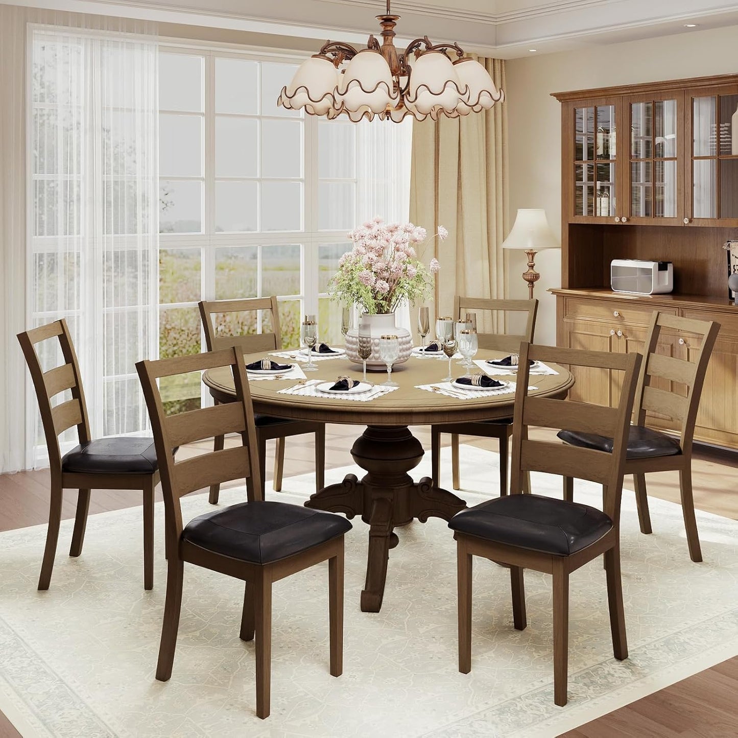 COLAMY Upholstered Dining Chairs Set of 4, PU Leather Ladder High Back Dining Room Kitchen Side Chair with Adjustable Foot Pegs, Dark Brown