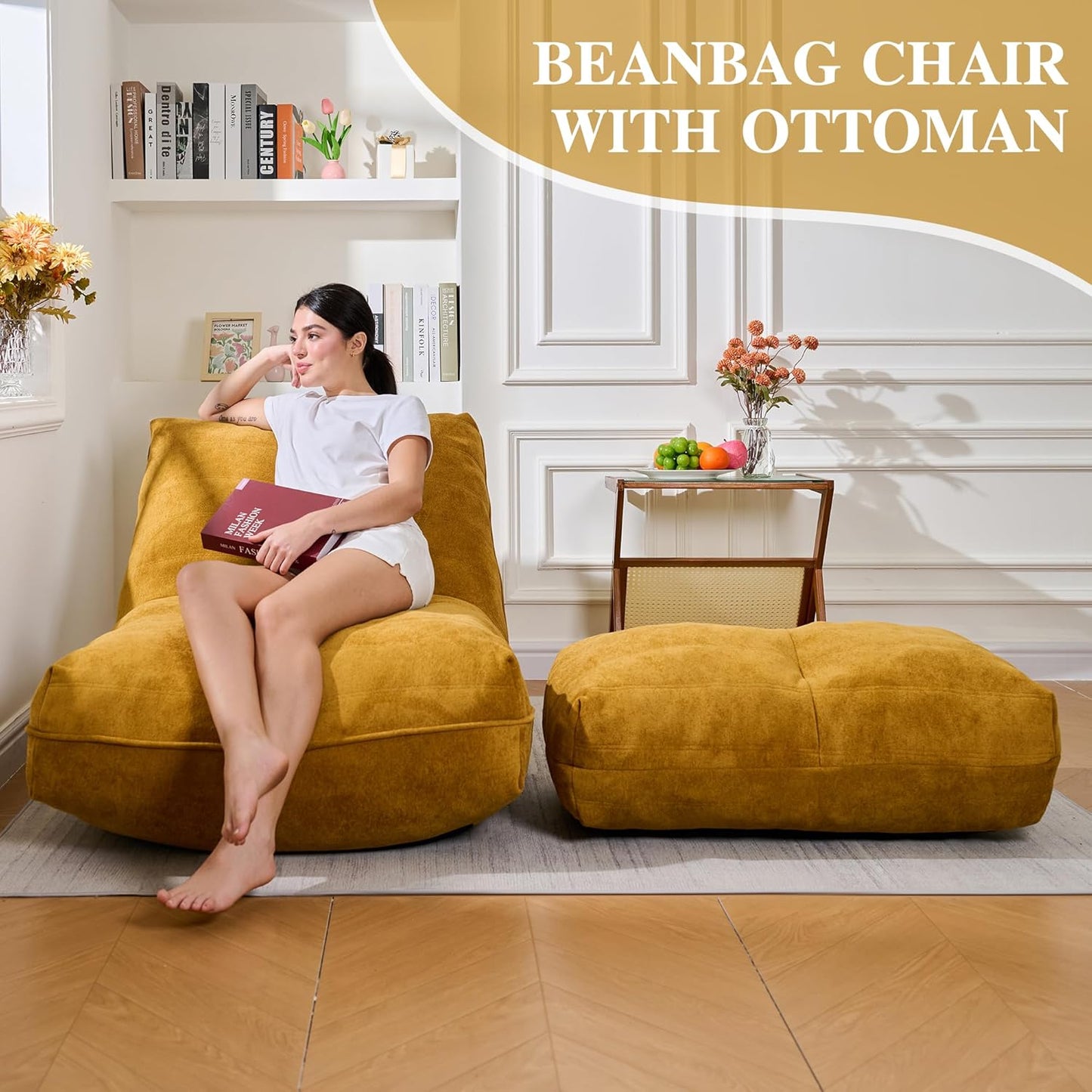 Bean Bag Chair with Ottoman, Comfy Bean Bag Sofa with Memory Foam, Lazy BeanBag Sofa with Footstool, Fireside Bean Bag Couch for Living Room, Bedroom, Apartment (Yellow)