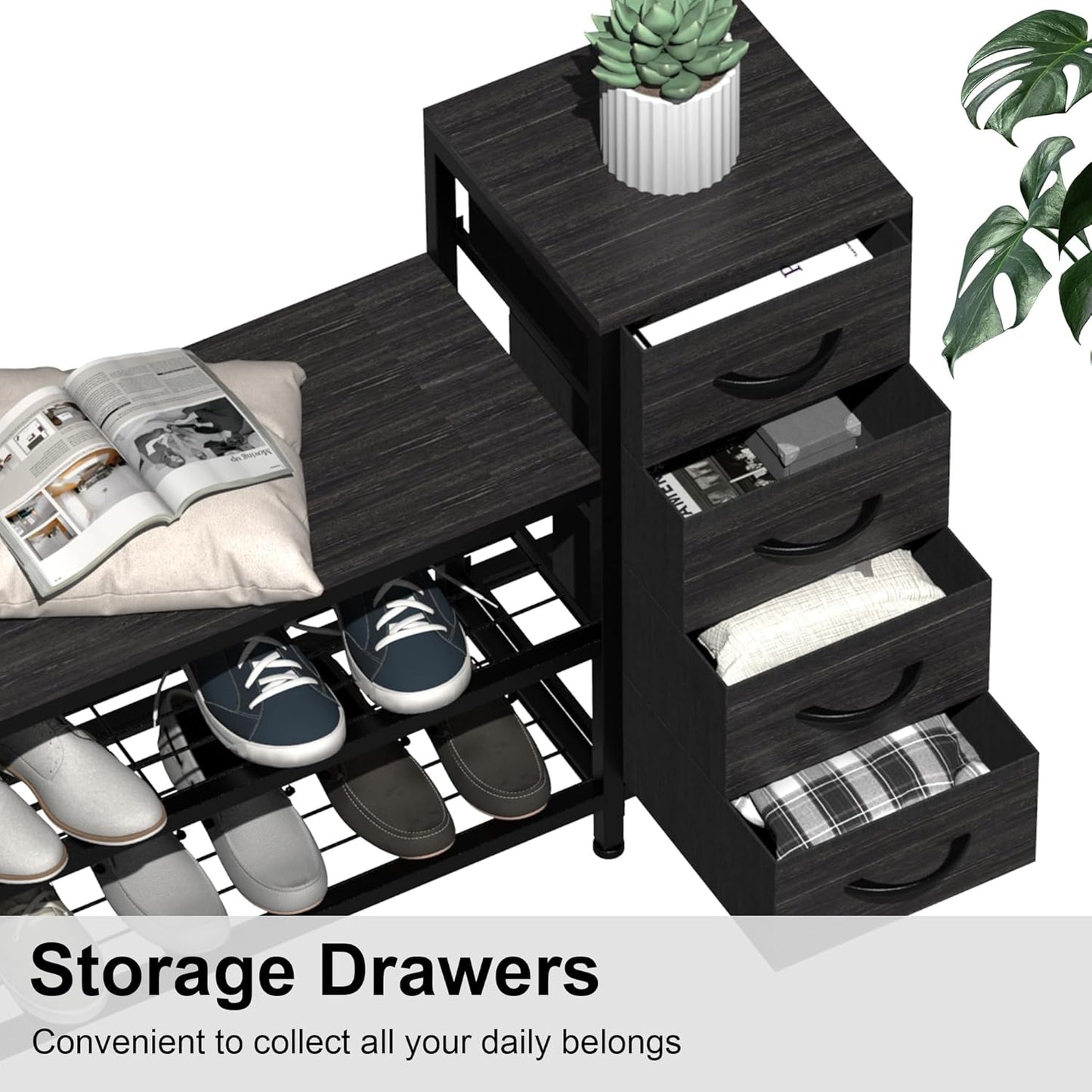 EXOTICA 3 Tier Entryway Bench Shoe Storage Bench with 4 Fabric Drawers Metal Frame and Wooden Board Shoe Rack Bench with Seat for Entryway Hallway Front Door Doorway