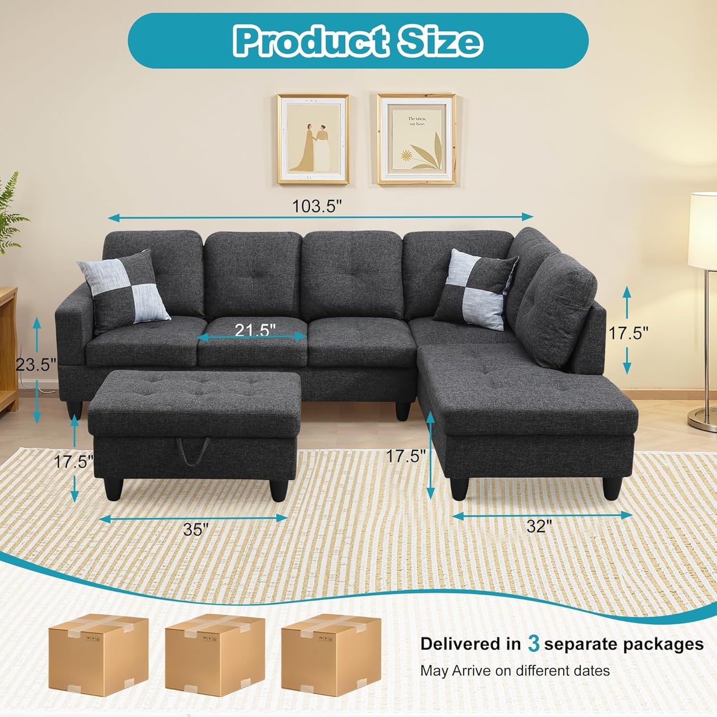 Couches for Living Room Modern L Shaped Couch Comfy Linen Fabric 3 Pieces Sectional Sofa with Chaise, Ottoman with Storage for Office and Small Apartment, Black Grey