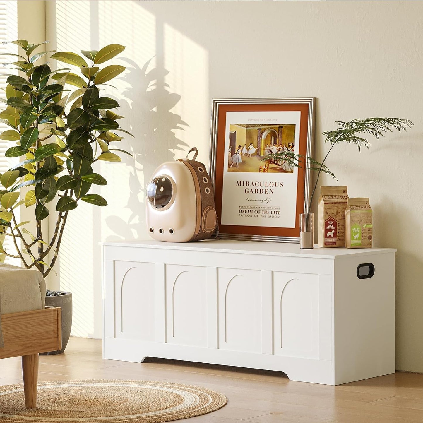 DINZI LVJ Storage Chest, 47.2”Wooden Storage Box with 2 Safety Hinges, Entryway Shoe Bench with Flip-Top, Large Trunk for Living Room, Bedroom, Easy Assembly, White