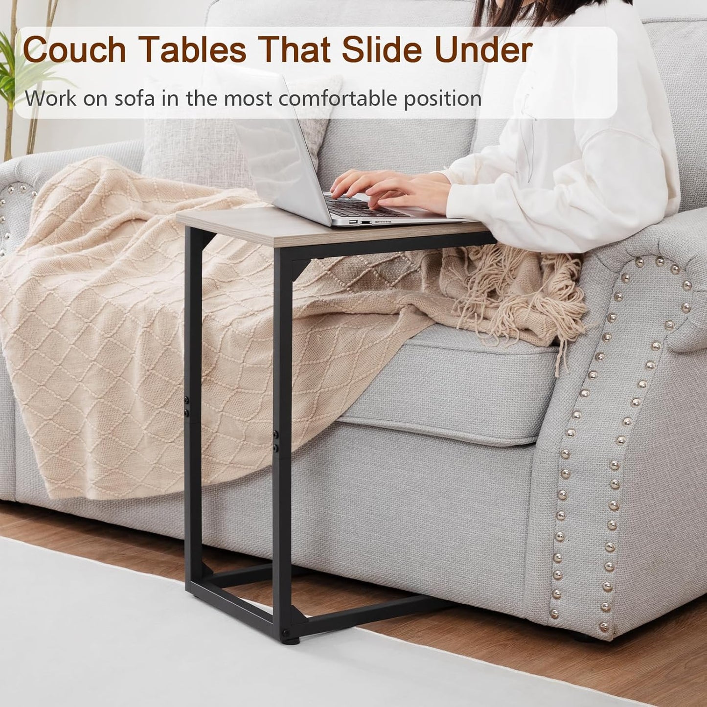 AMHANCIBLE C Shaped End Table Set of 2, Couch Tables That Slide Under, TV Tray Snack Table for Sofa, Small Side Table for Couch, Small Space, Living Room, Greige HET02CGY